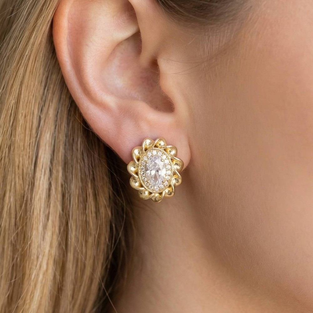 Vintage Halo Cz Oval Stud Earrings