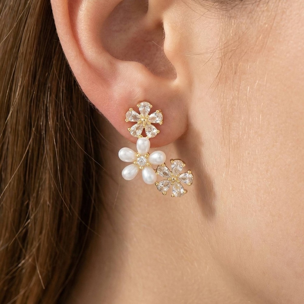 Cz And Pearl Flower Stud Earrings