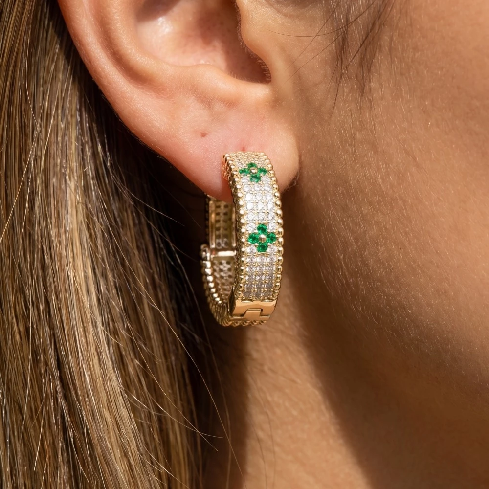 Pave Cz Clover Station Hoop Earrings