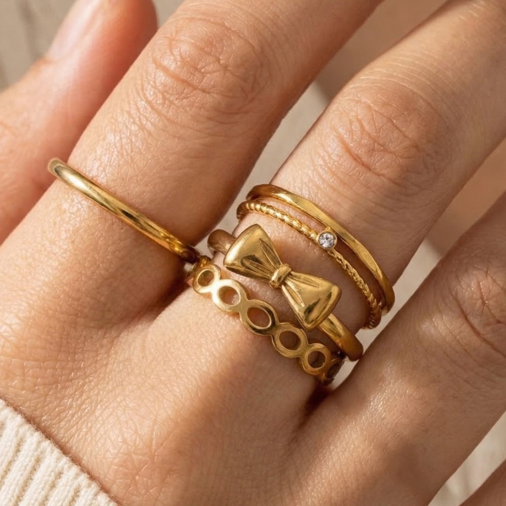 Ribbon Bow 5Pc Stainless Steel Band Rings Set