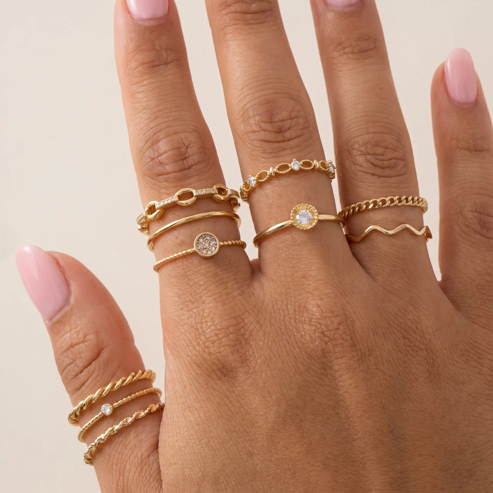Rope Twist And Crystal Link Stacking Ring Set