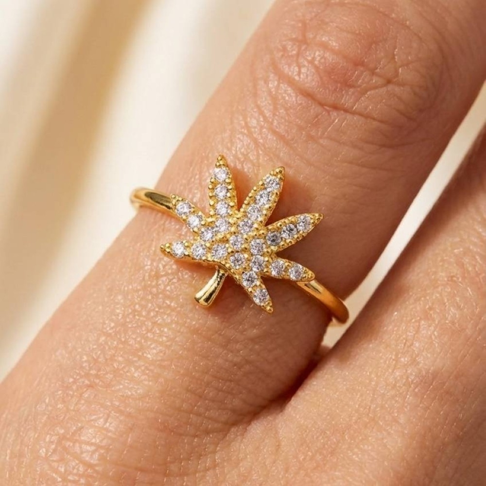 Gold Dipped Pave Marijuana Leaf Ring