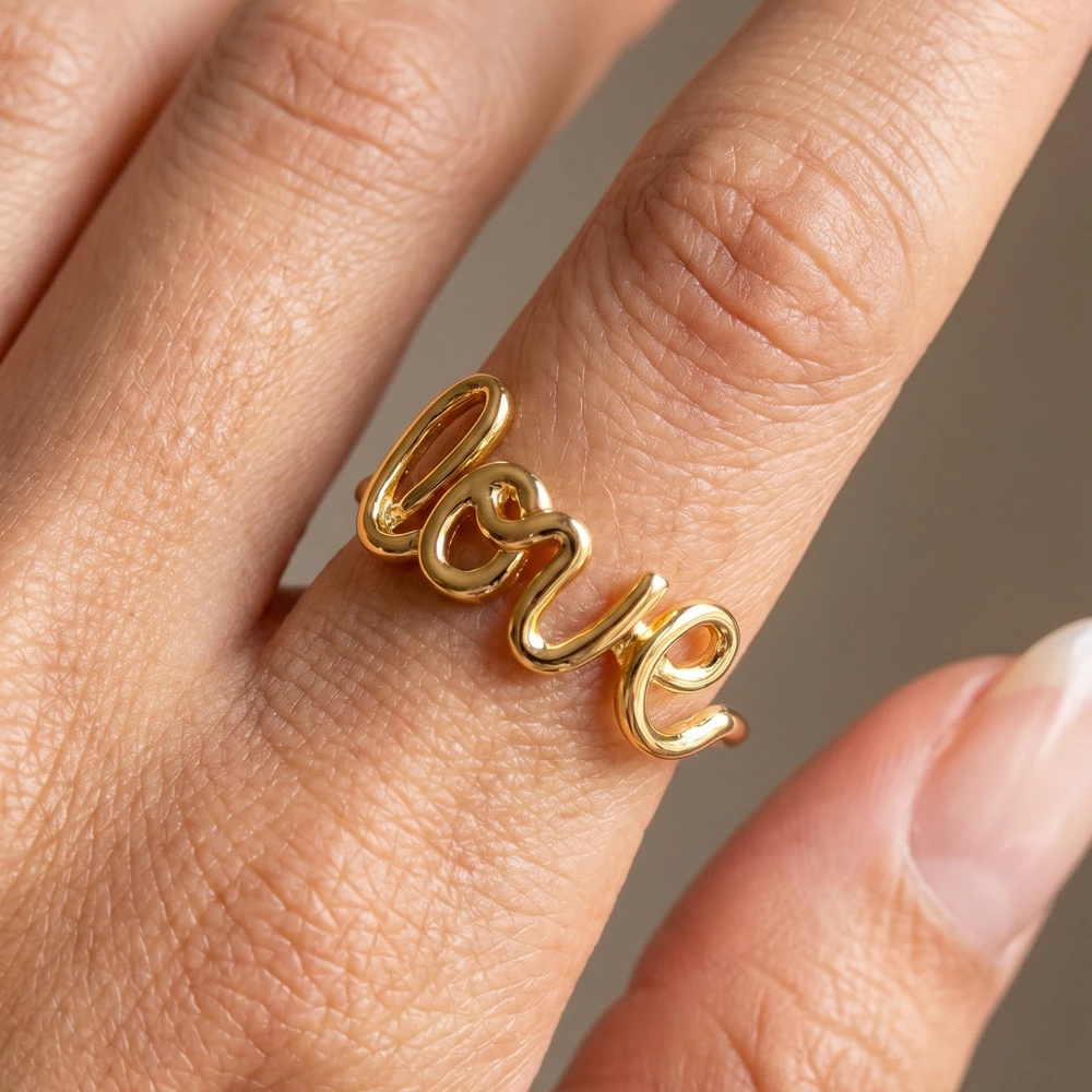 Delicate Love Script Cutout Band Ring