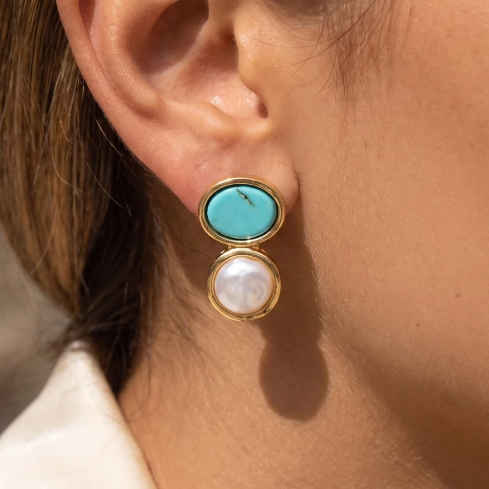 Turquoise And Pearl Ovals Stud Drop Earrings