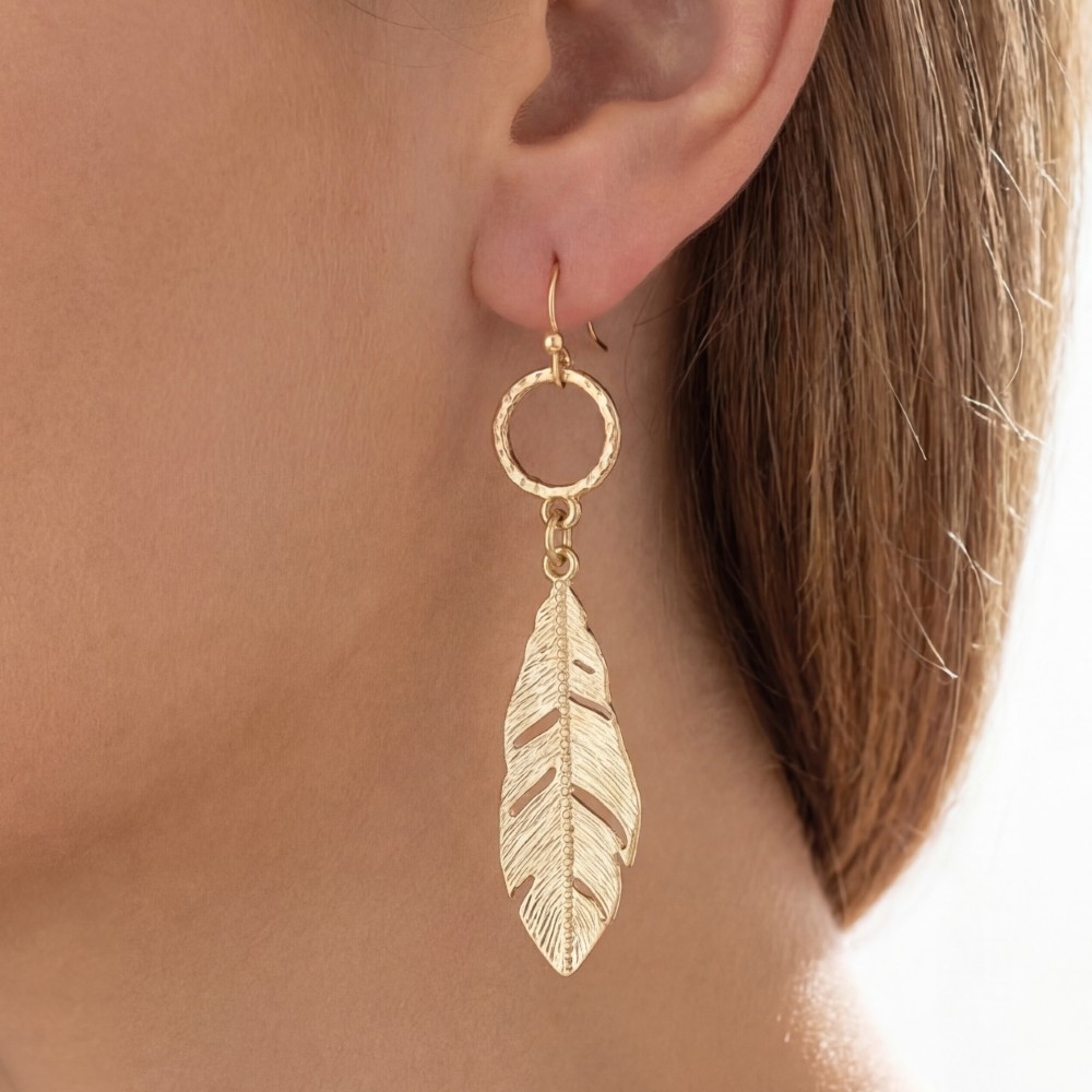 Larger Detailed Metallic Feather Dangle Earrings