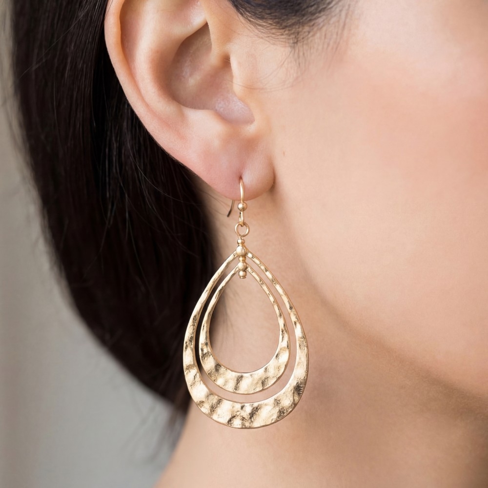 Hammered Double Teardrop Layered Dangle Earrings