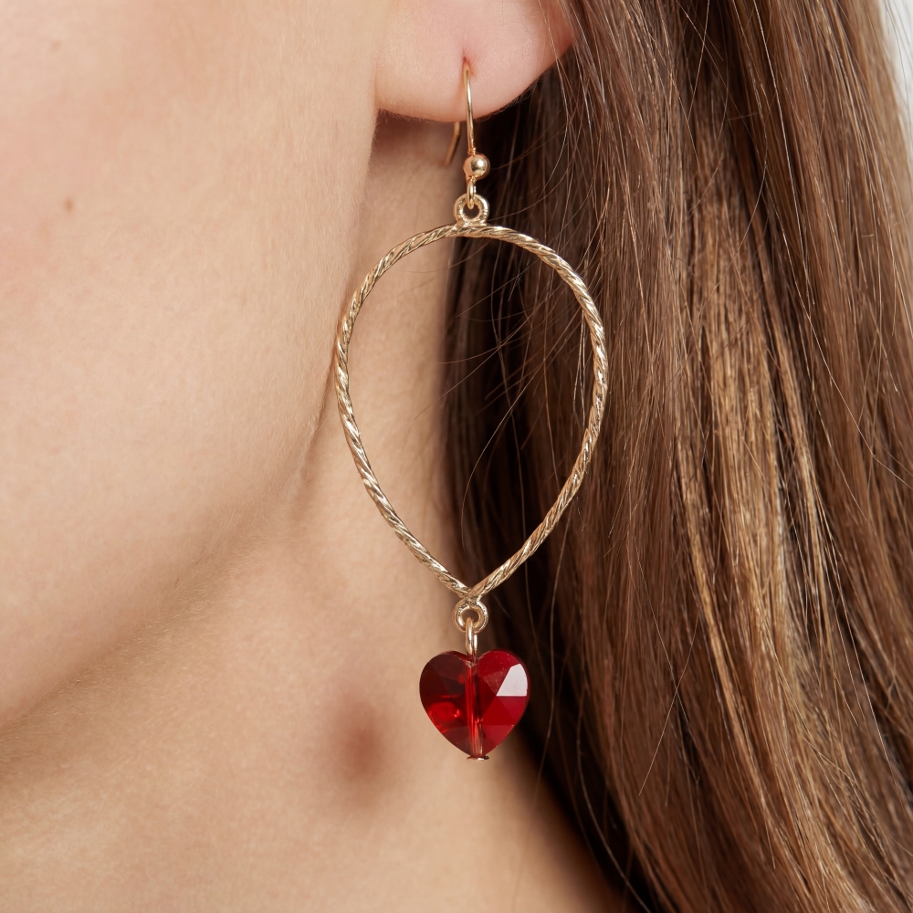 Faceted Glass Heart Charm Tear Dangle Earrings