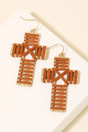 Leather Wrap Cross Dangle Earrings