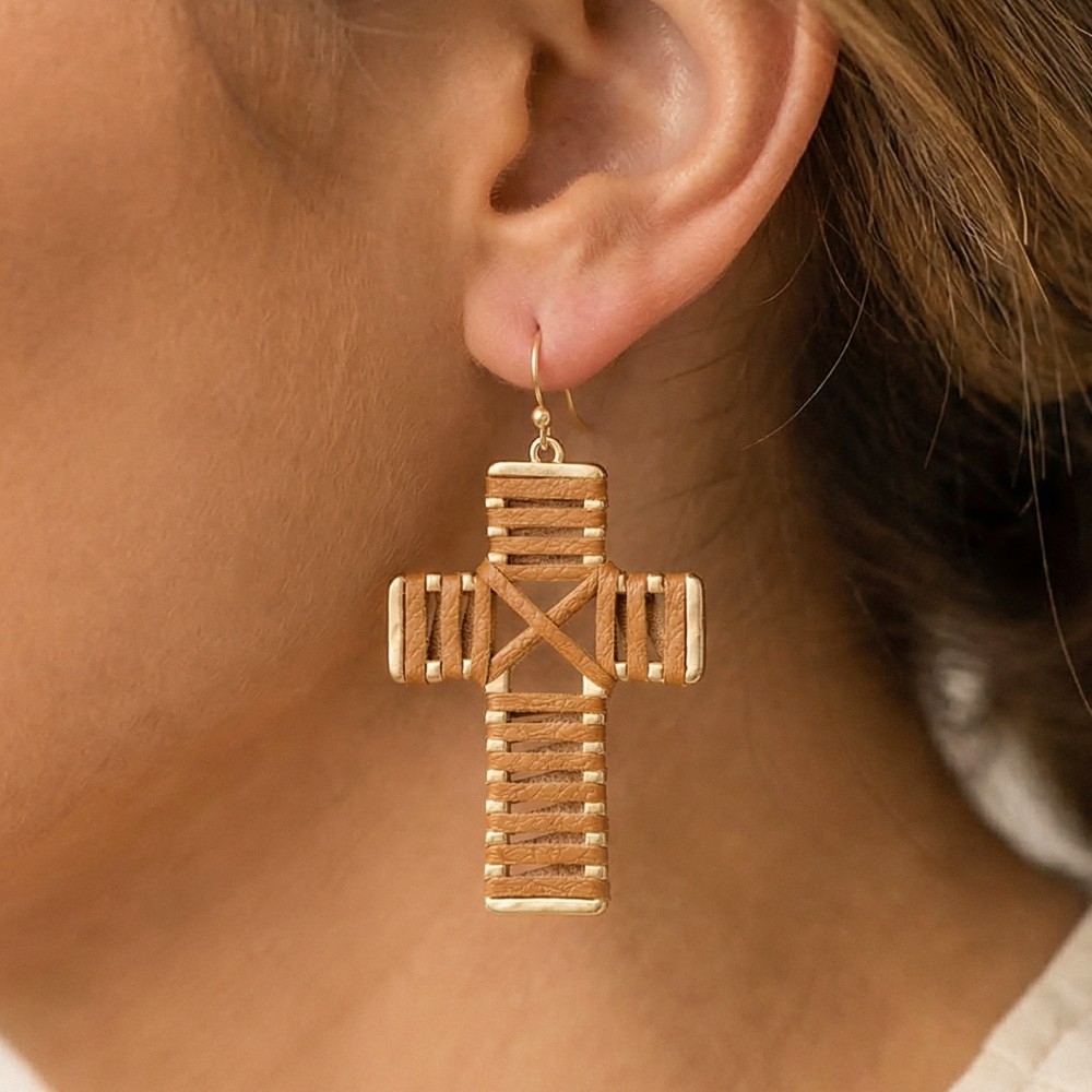 Leather Wrap Cross Dangle Earrings