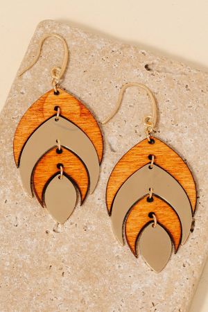 Wood And Metallic Leaf Dangle Hook Earrings