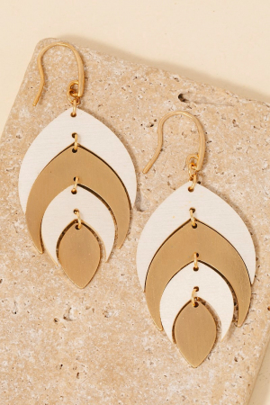 Wood And Metallic Leaf Dangle Hook Earrings