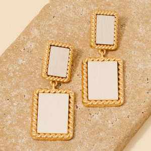 Metallic And Wooden Rectangle Dangle Earrings
