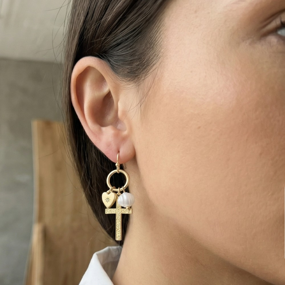 Cross Pearl And Heart Charms Dangle Earrings
