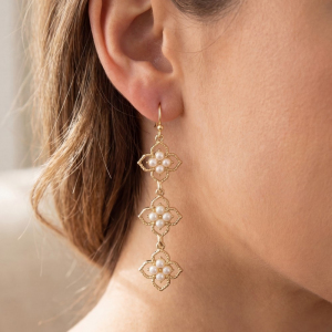 Pearl Studded Multi Flower Chain Dangle Earrings