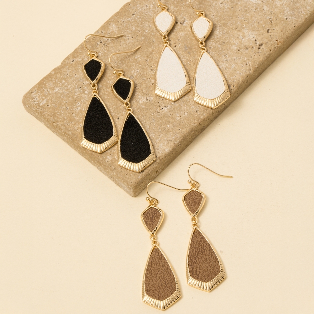 Leather Accent Double Teardrop Dangle Earrings