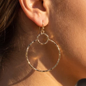 Hammered Open Circle Drop Hoop Earrings