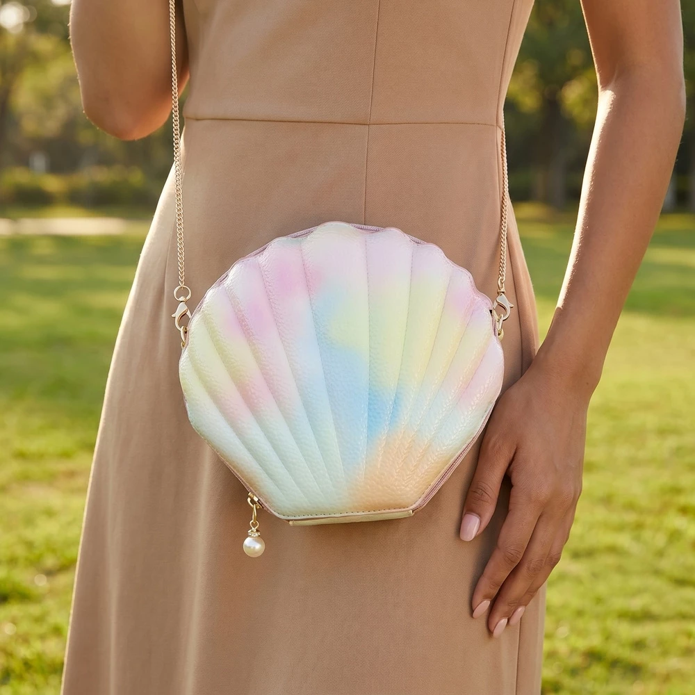 Iridescent Seashell Crossbody Bag With Chain Strap
