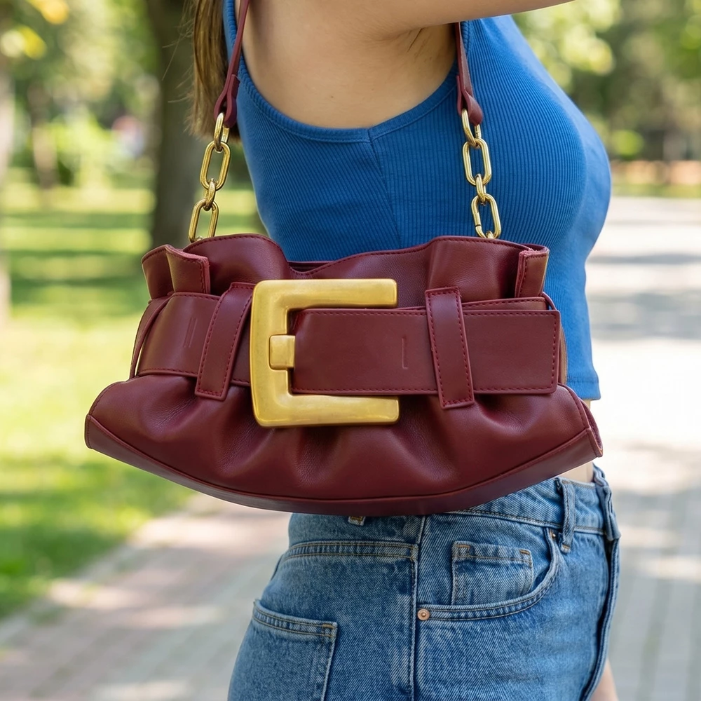Slouchy Square Buckle Flap Shoulder Bag