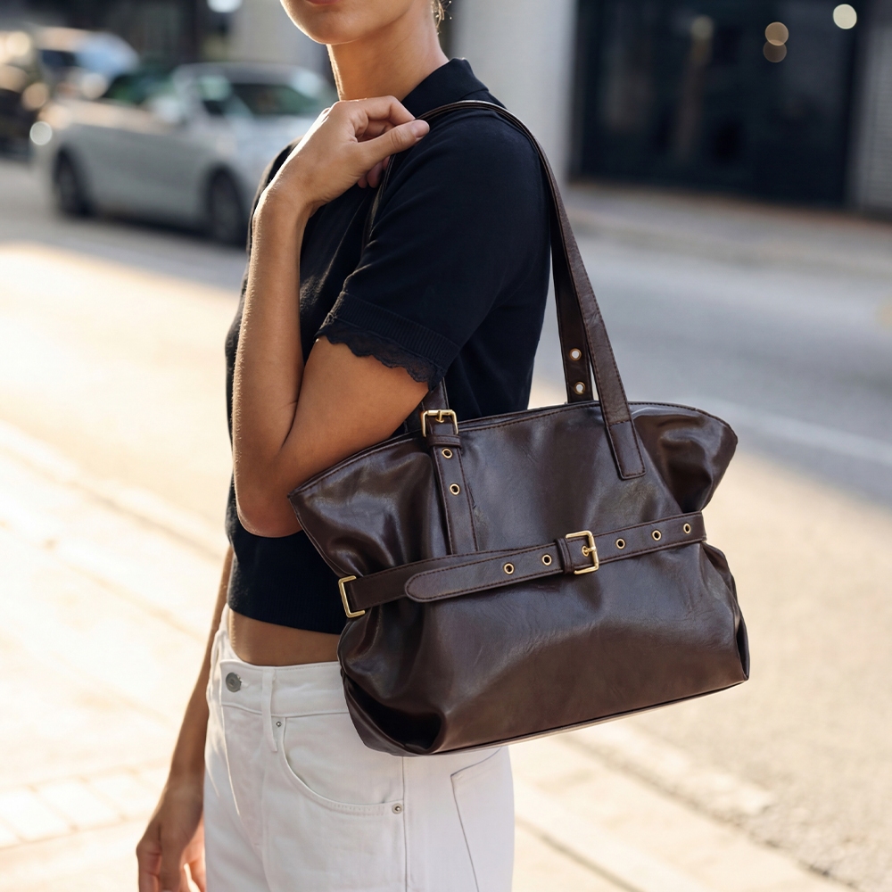 Faux Leather Retro Belted Tote Shopper Bag