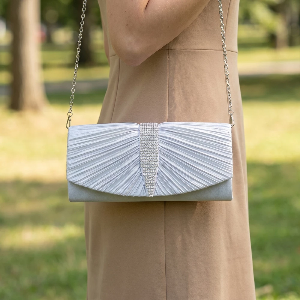 Satin Pleated Rhinestone Tassel Evening Clutch