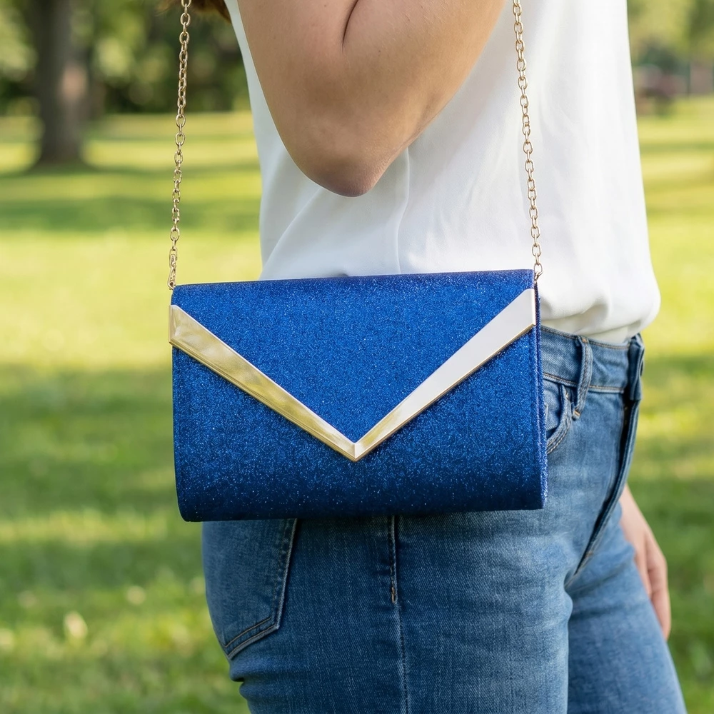 Glitter V Bar Flap Detail Evening Clutch