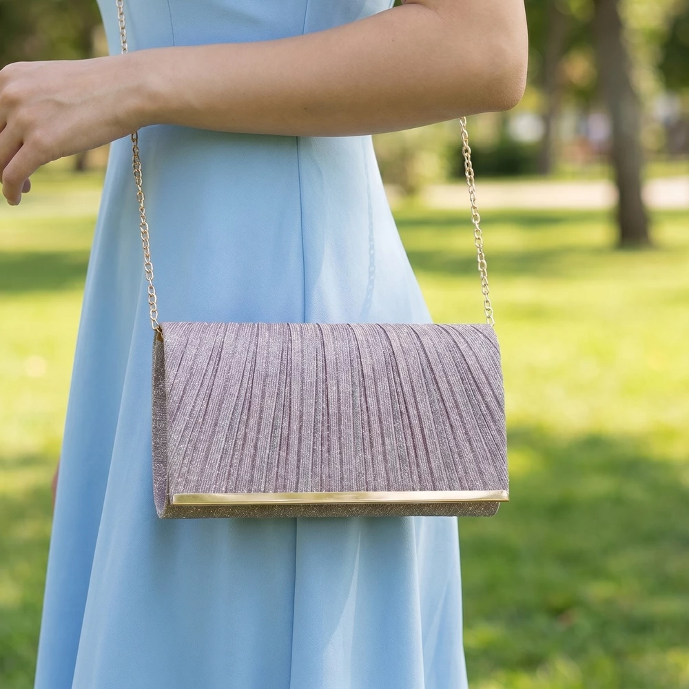Glitter Pleated Bottom Bar Evening Clutch