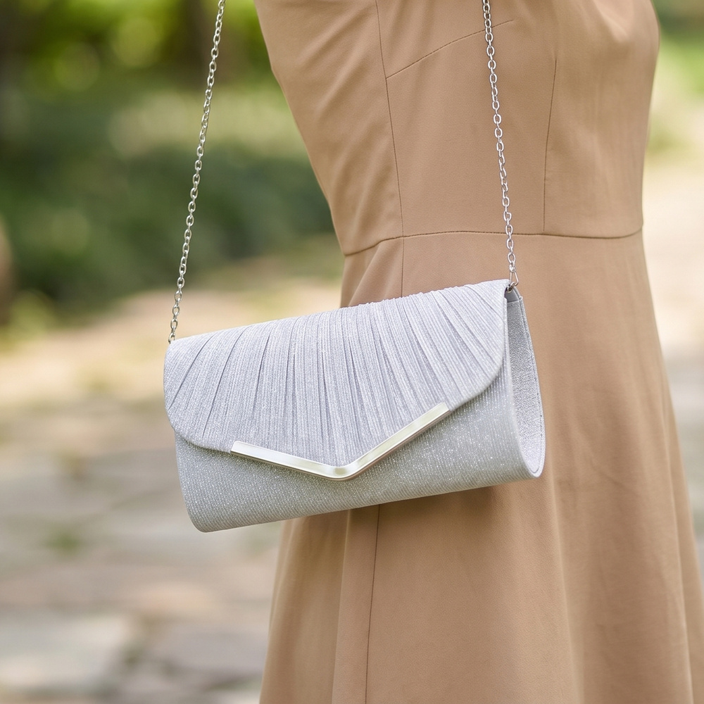 Pleated Glitter Satin V Bar Clasp Envelope Clutch