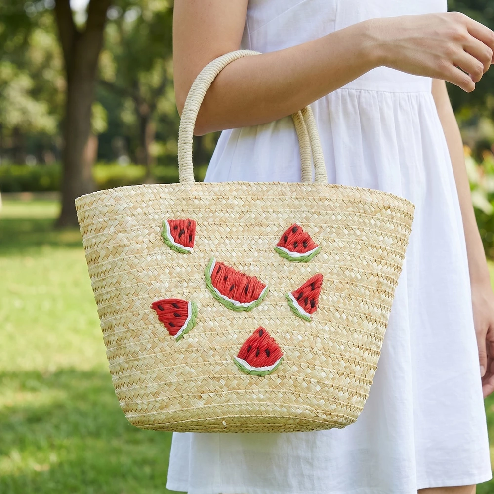 Embroidered Fruit Straw Tote Bag