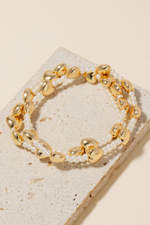 Metallic Hearts And Pearl Beaded Bracelet Set