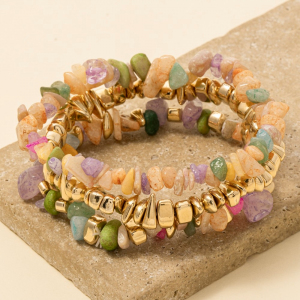 Resin Chip Stone And Metallic Beaded Bracelet 3 Set