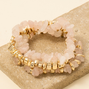 Resin Chip Stone And Metallic Beaded Bracelet 3 Set