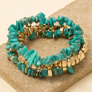Resin Chip Stone And Metallic Beaded Bracelet 3 Set