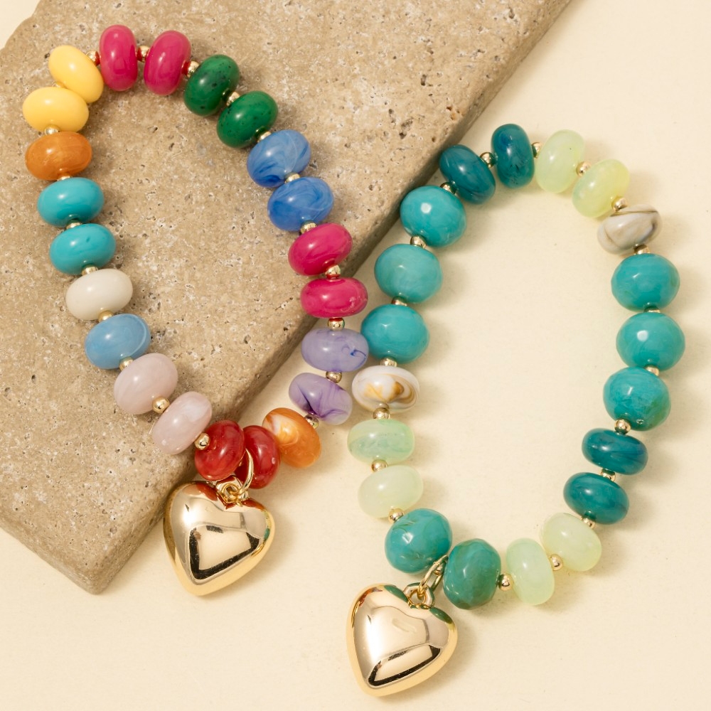 Heart Charm Mixed Marble Resin Beaded Bracelet