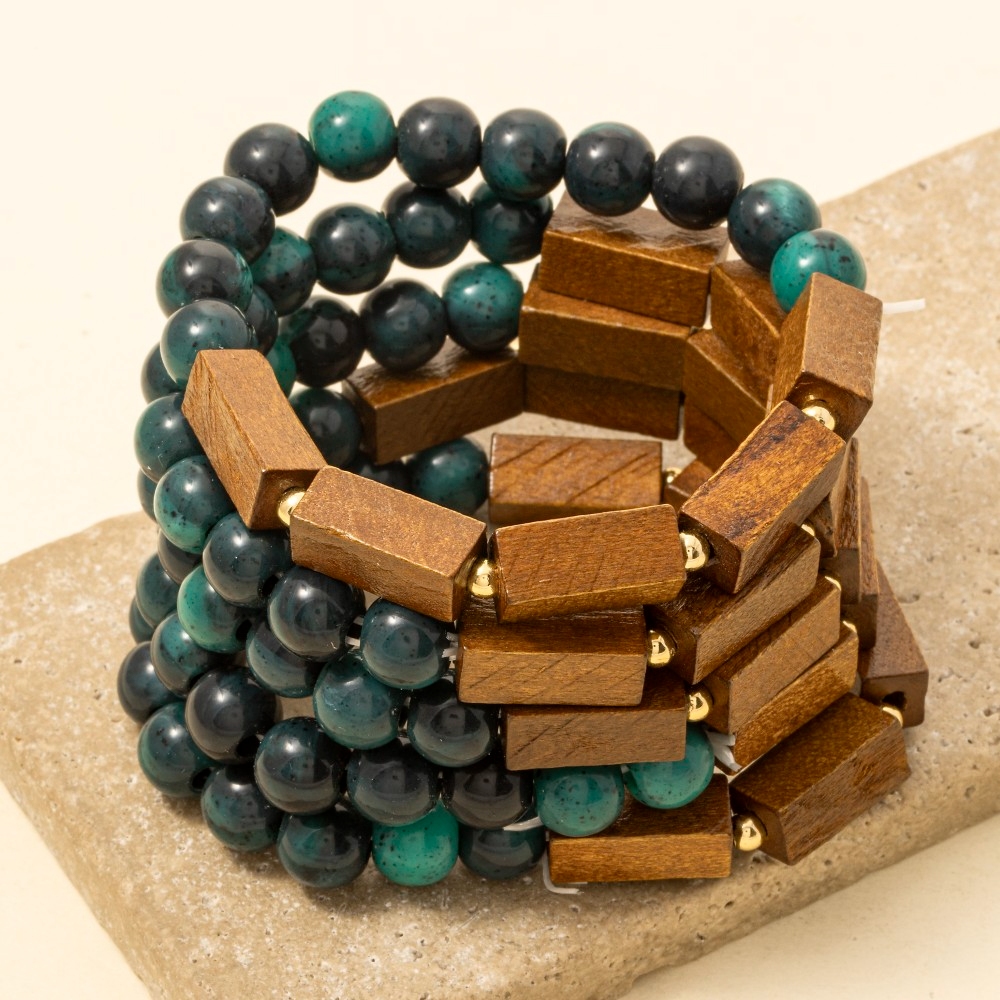 Multi Marble Resin And Wooden Beads Bracelet Set