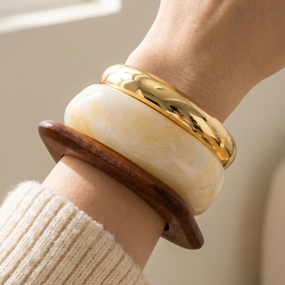 Two Piece Dome Stone Metal Bangle Bracelet Set