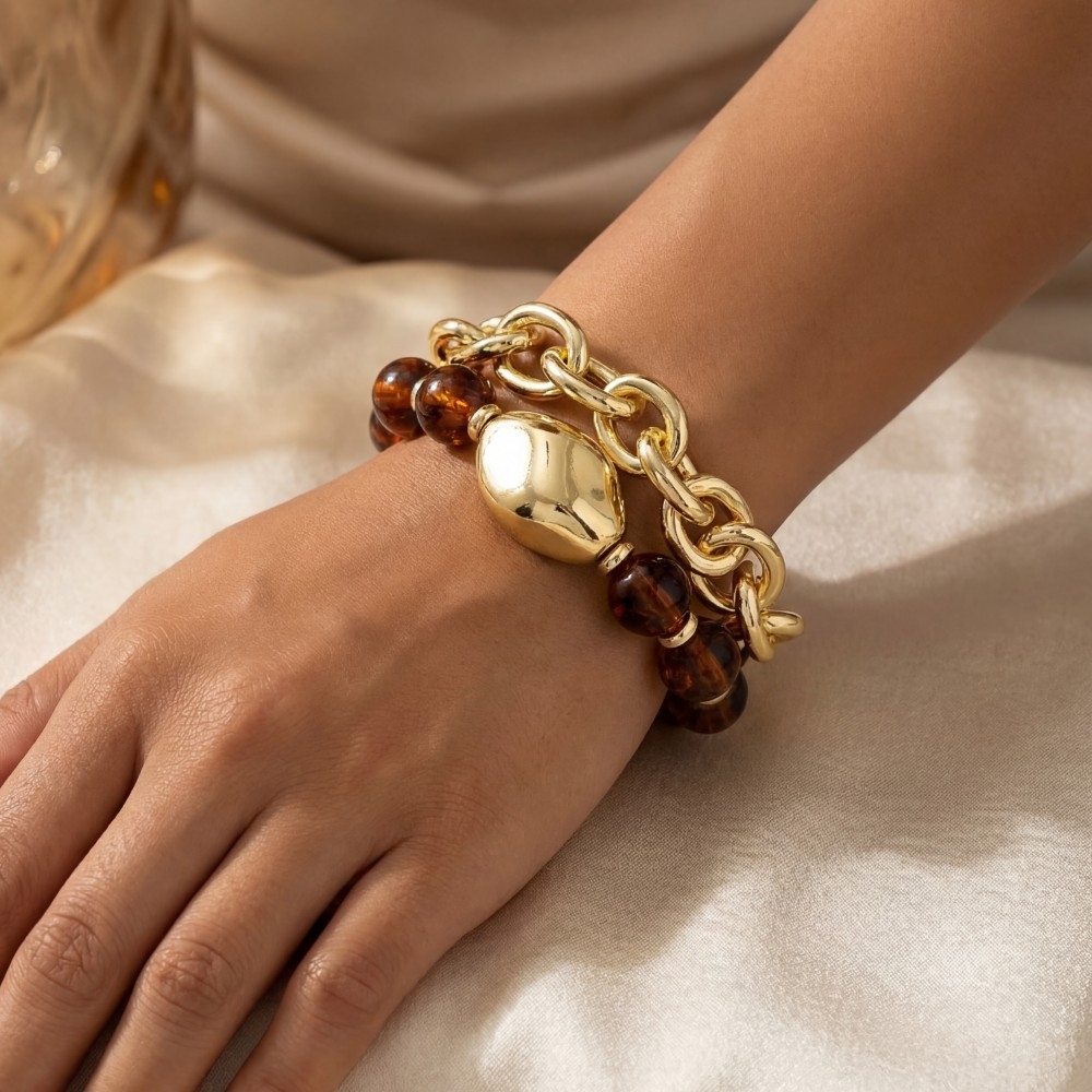 Marble Resin Beads And Chain Layered Bracelet