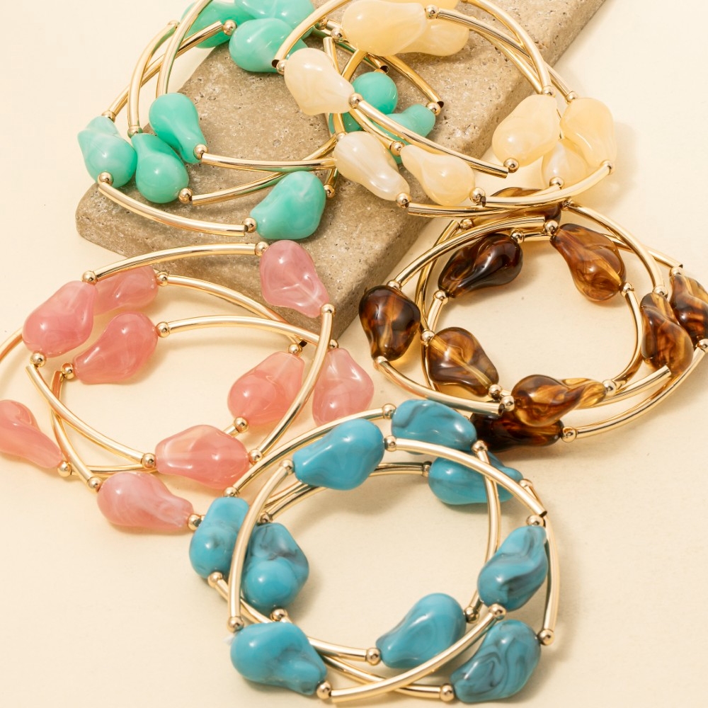 Marble Resin Irregular Beads And Metallic Tubes Bracelet Set
