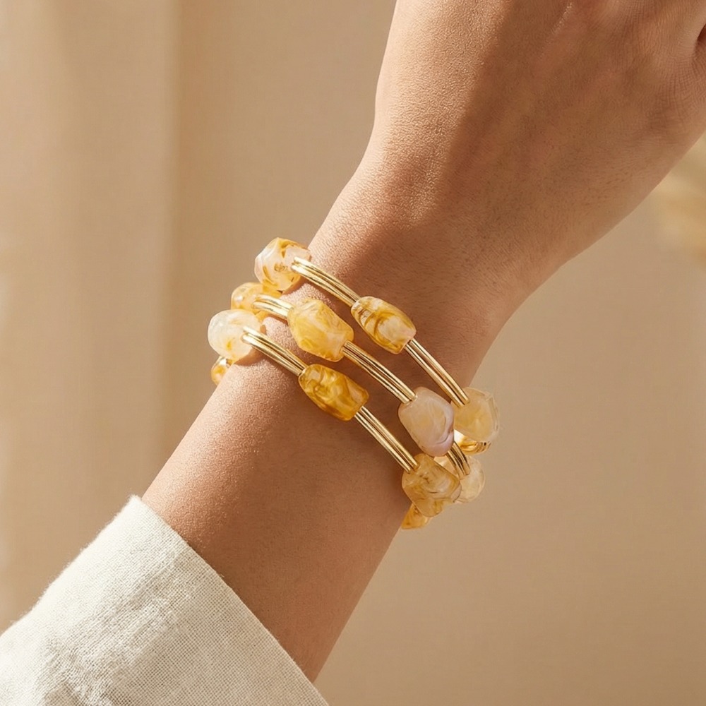 Marble Resin Stones And Metallic Tubes Bracelet Set