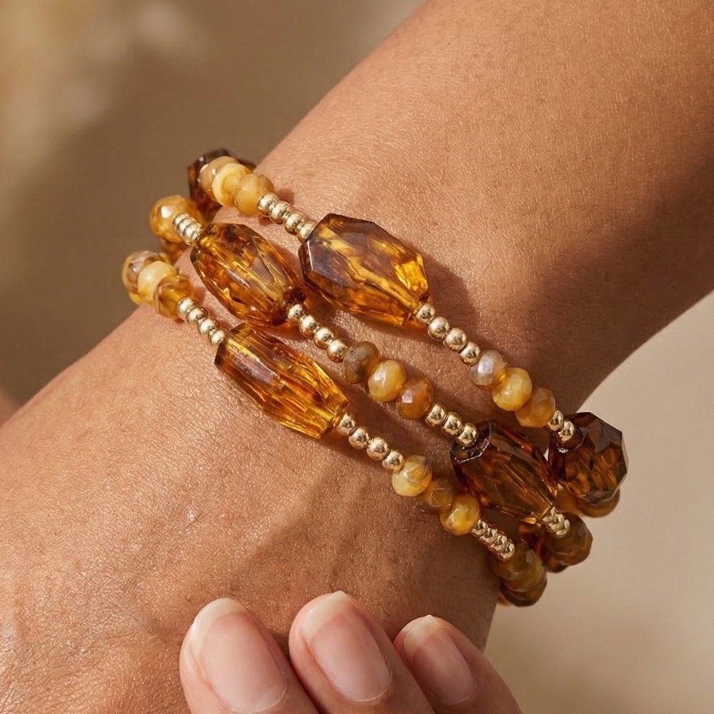 Marble Resin And Mini Metallic Beaded Bracelet Set