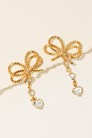 Rhinestone Heart Dangle Ribbon Bow Stud Earrings
