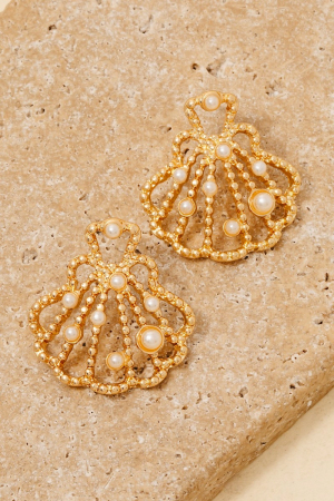 Pearl Studded Metallic Clam Shell Stud Drop Earrings