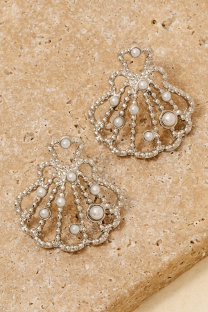 Pearl Studded Metallic Clam Shell Stud Drop Earrings