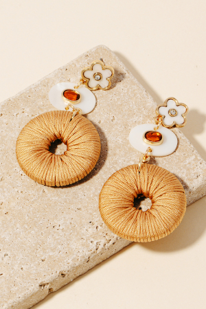 Shell Flower And Oval Thread Wrapped Hoop Dangle Earrings
