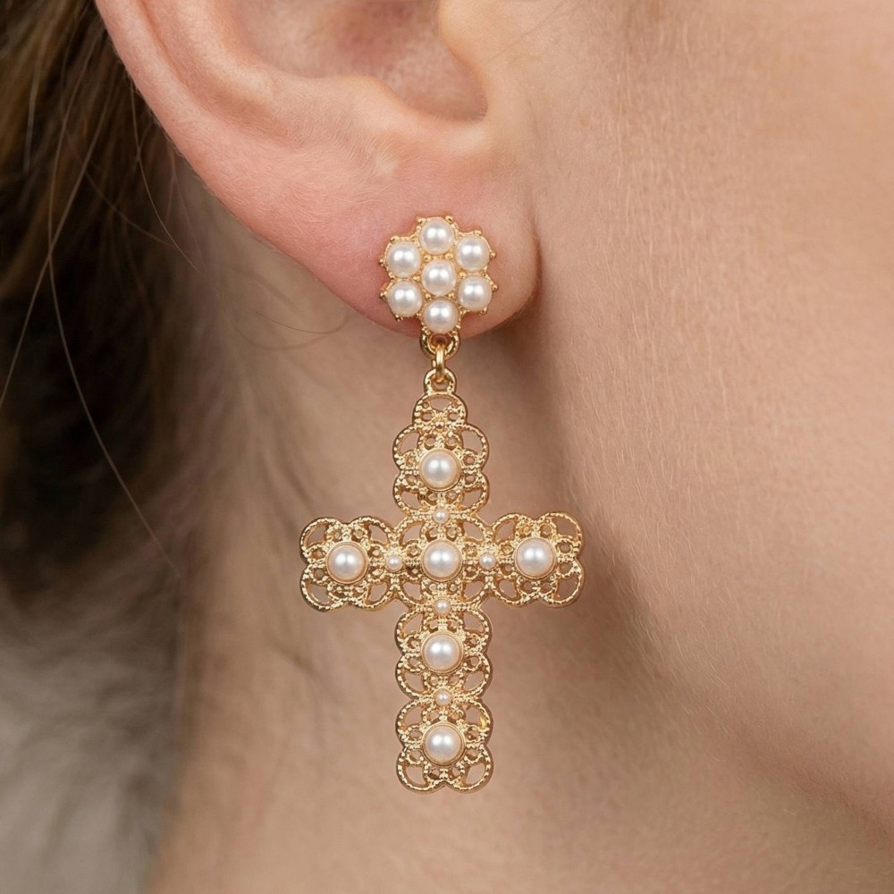 Pearl Stud Ornate Cross Dangle Earrings