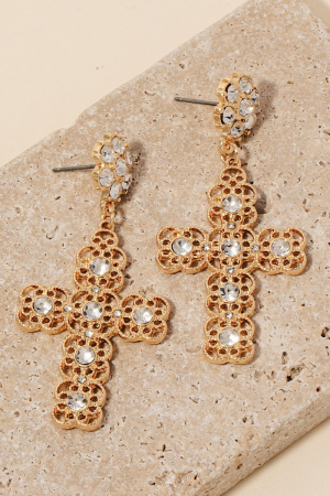 Studded Ornate Cross Dangle Earrings