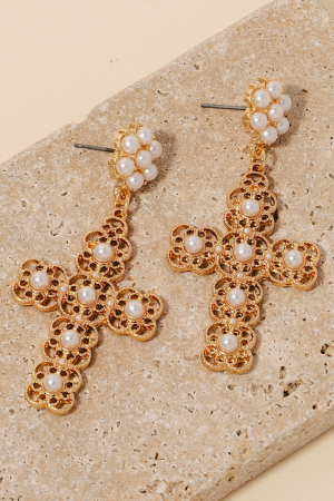 Studded Ornate Cross Dangle Earrings