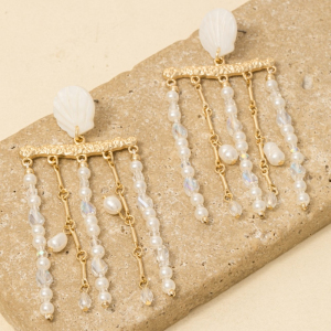 Sea Shell And Pearl Bead Fringe Dangle Earrings