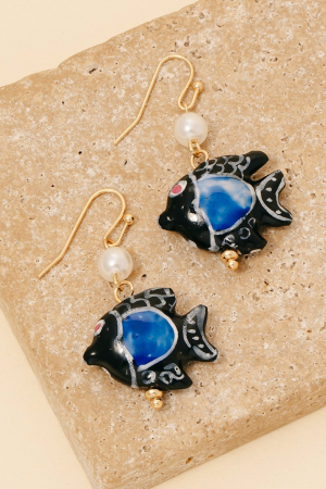 Fish And Pearl Dangle Hook Earrings