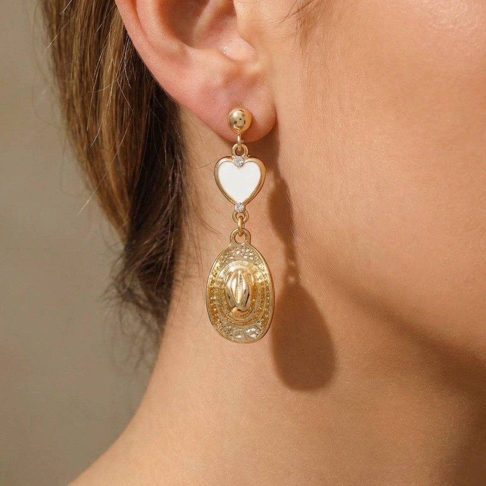 Enamel Heart And Cowboy Hat Dangle Earrings