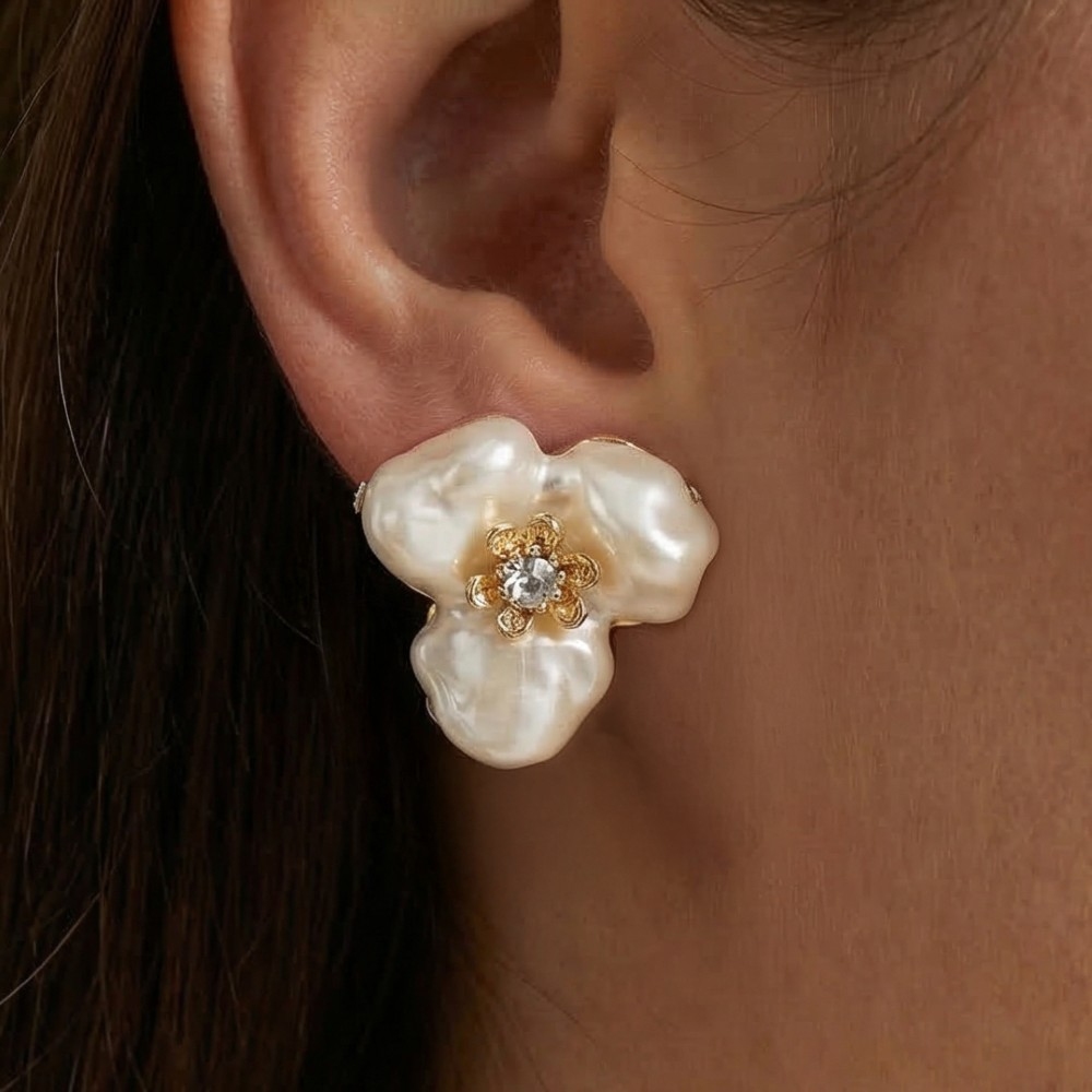 Gold Dipped Pearl And Gem Flower Stud Earrings